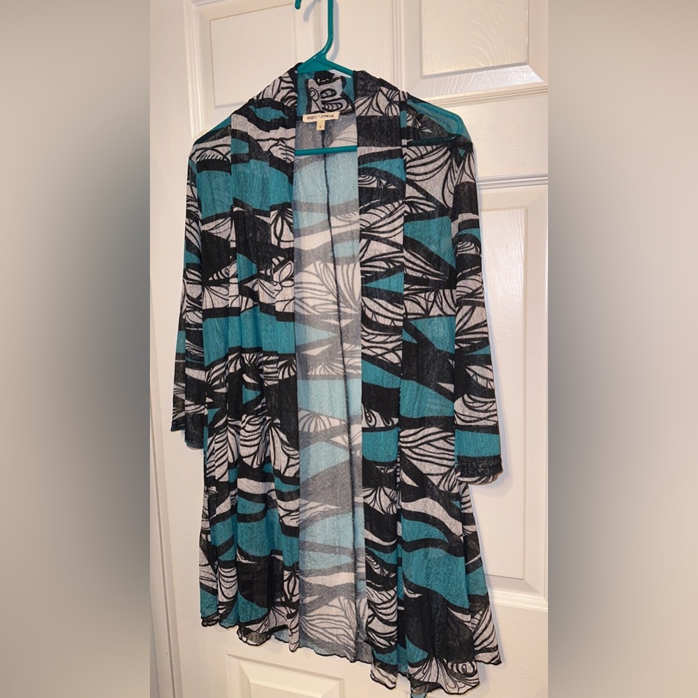 Angel + Premium L Womens Open Front Sheer Cover-up Green Black White